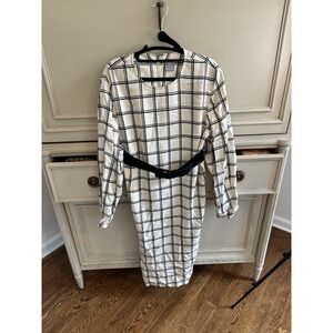 Vintage Liz Claiborne Cream Black Striped Plaid Dress Velvet Belt 90s‎ Size 8